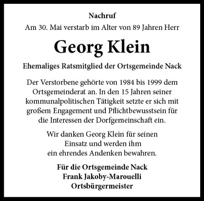  Traueranzeige für Georg Klein vom 11.07.2020 aus vrm-trauer