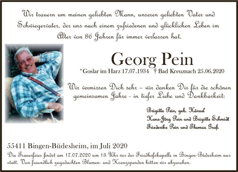  Traueranzeige für Georg Pein vom 11.07.2020 aus vrm-trauer