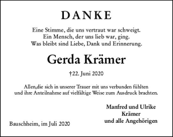 Traueranzeige von Gerda Krämer von vrm-trauer