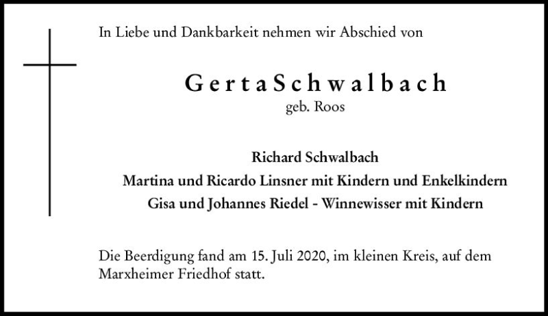  Traueranzeige für Gerta Schwalbach vom 17.07.2020 aus vrm-trauer