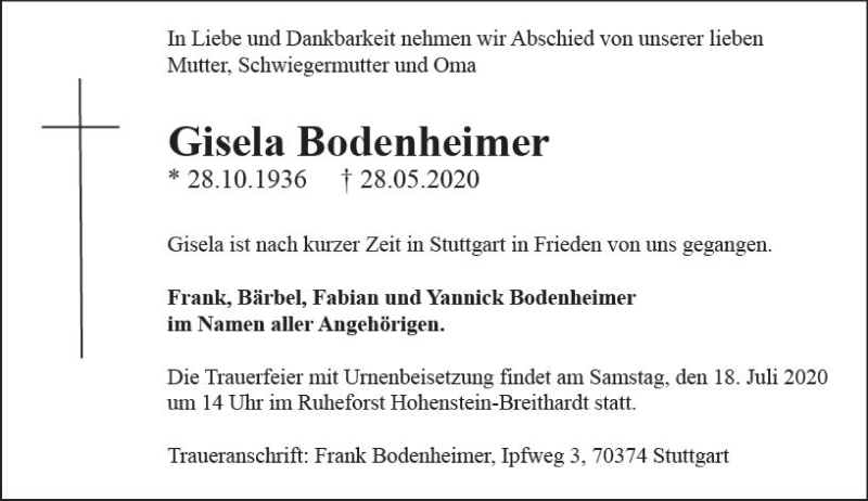  Traueranzeige für Gisela Bodenheimer vom 11.07.2020 aus vrm-trauer