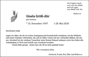 Traueranzeige von Gisela Größ-Ahr von vrm-trauer