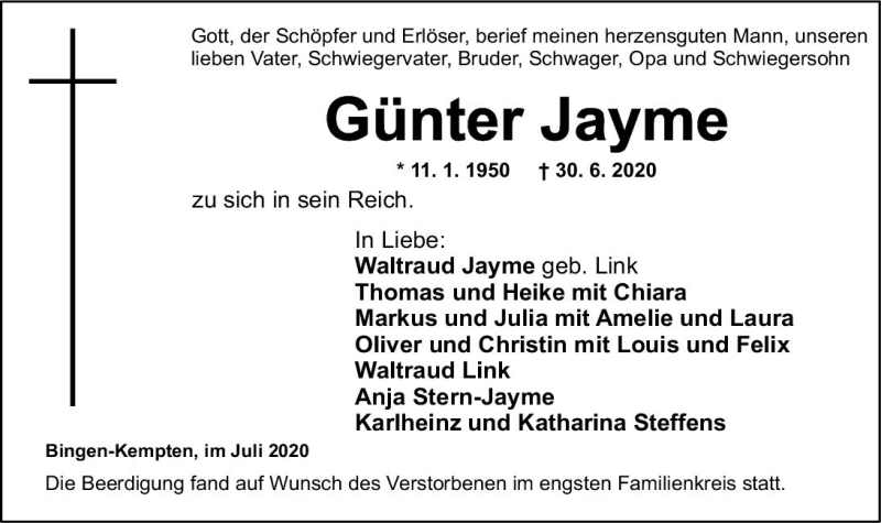  Traueranzeige für Günter Jayme vom 11.07.2020 aus vrm-trauer