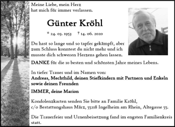 Traueranzeige von Günter Kröhl von vrm-trauer