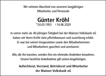Traueranzeige von Günter Kröhl von vrm-trauer