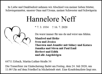 Traueranzeige von Hannelore Neff von vrm-trauer