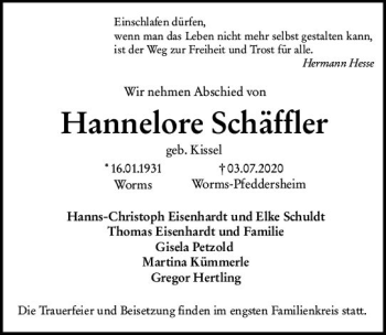 Traueranzeige von Hannelore Schäffler von vrm-trauer