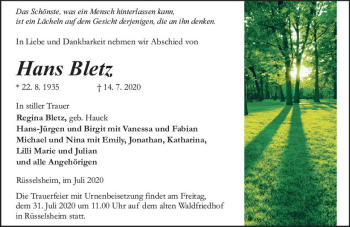 Traueranzeige von Hans Bletz von vrm-trauer
