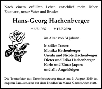 Traueranzeige von Hans-Georg Hachenberger von vrm-trauer