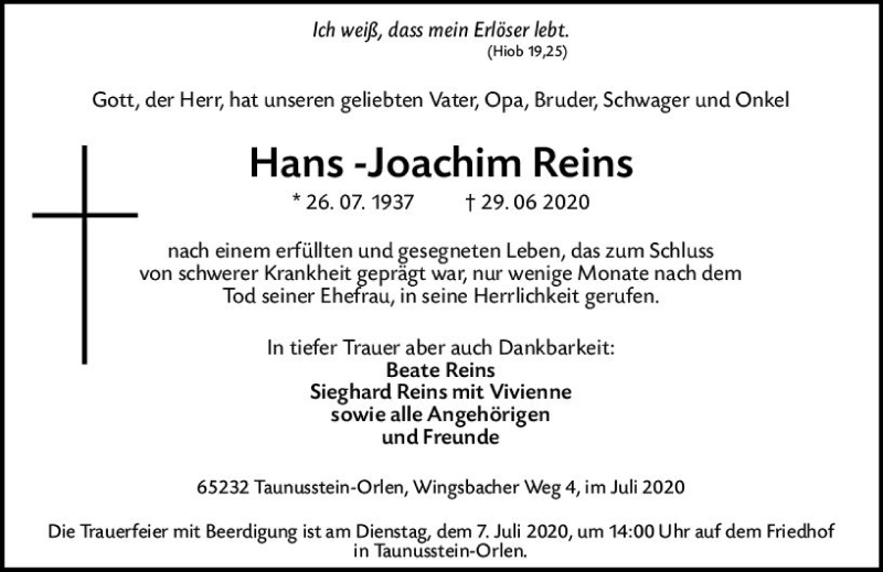  Traueranzeige für Hans-Joachim Reins vom 04.07.2020 aus vrm-trauer