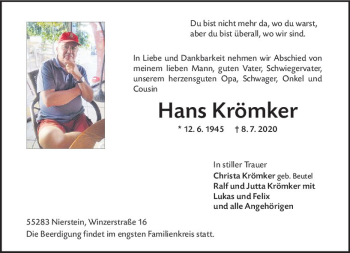 Traueranzeige von Hans Krömker von vrm-trauer