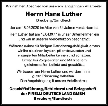 Traueranzeige von Hans Luther von vrm-trauer