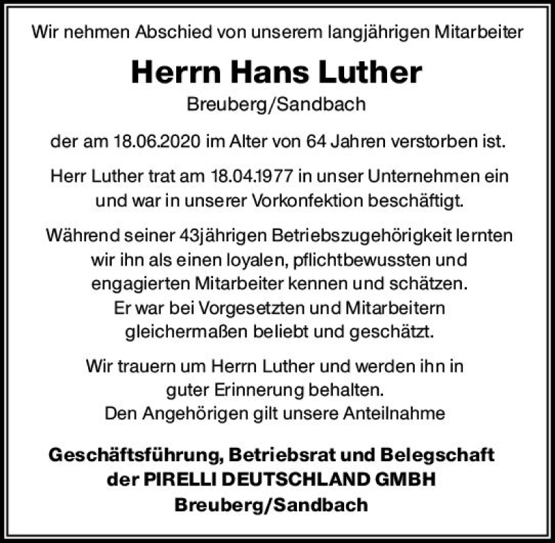  Traueranzeige für Hans Luther vom 10.07.2020 aus vrm-trauer
