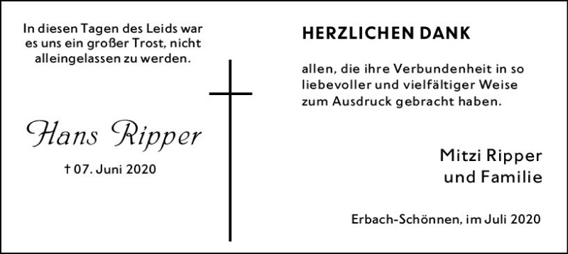  Traueranzeige für Hans Ripper vom 11.07.2020 aus vrm-trauer