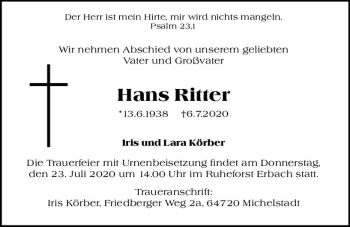 Traueranzeige von Hans Ritter von vrm-trauer