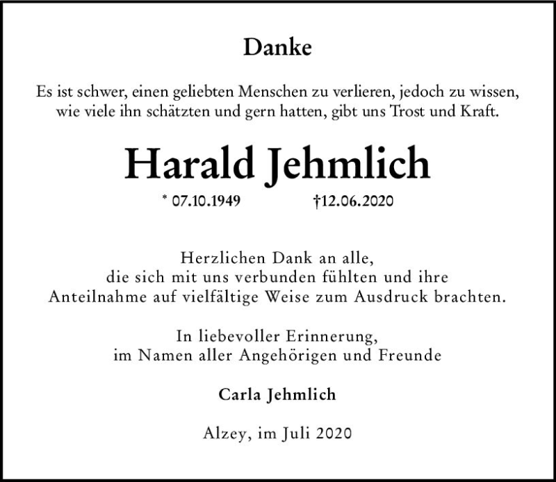  Traueranzeige für Harald Jehmlich vom 11.07.2020 aus vrm-trauer