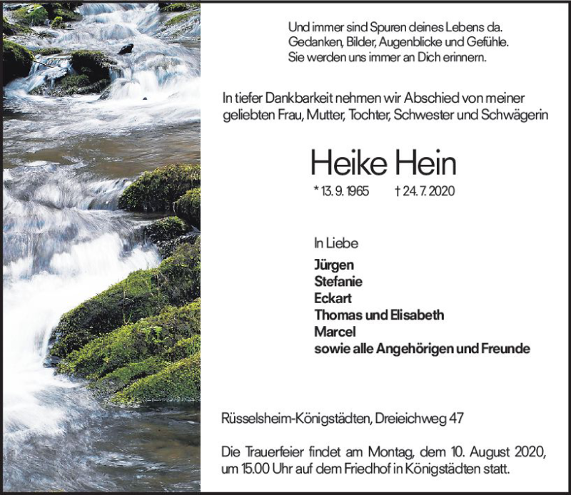  Traueranzeige für Heike Hein vom 01.08.2020 aus vrm-trauer