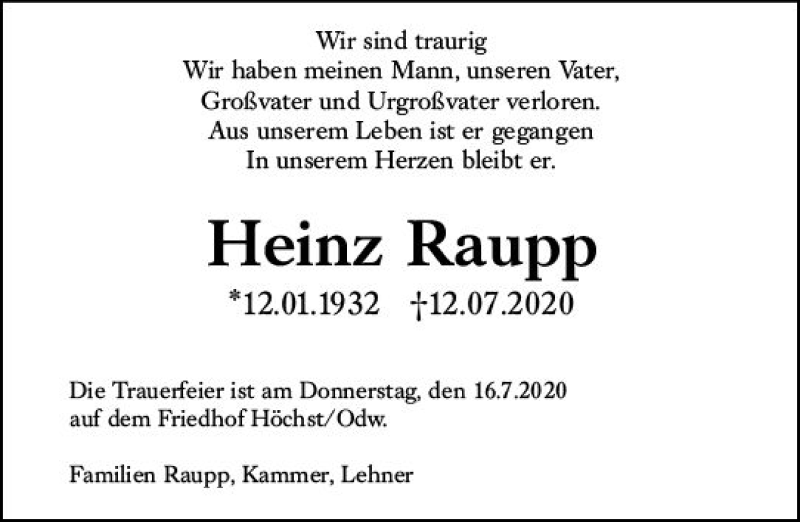  Traueranzeige für Heinz Raupp vom 16.07.2020 aus vrm-trauer