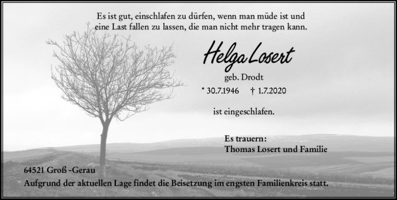  Traueranzeige für Helga Losert vom 04.07.2020 aus vrm-trauer