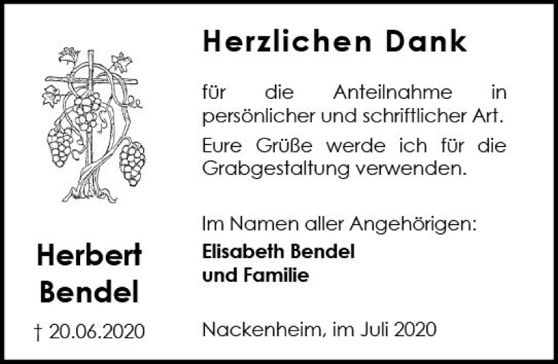  Traueranzeige für Herbert Bendel vom 04.07.2020 aus vrm-trauer
