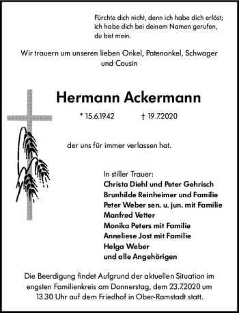 Traueranzeige von Hermann Ackermann von vrm-trauer