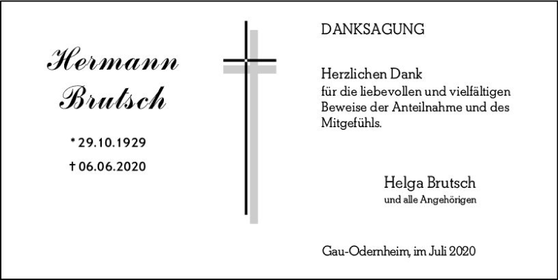  Traueranzeige für Hermann Brutsch vom 18.07.2020 aus vrm-trauer