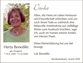 Traueranzeige von Herta Benedikt von vrm-trauer