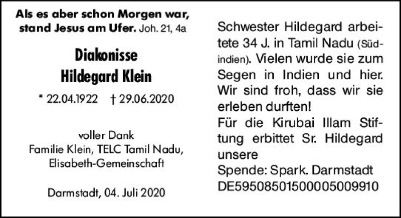  Traueranzeige für Hildegard Klein vom 04.07.2020 aus vrm-trauer