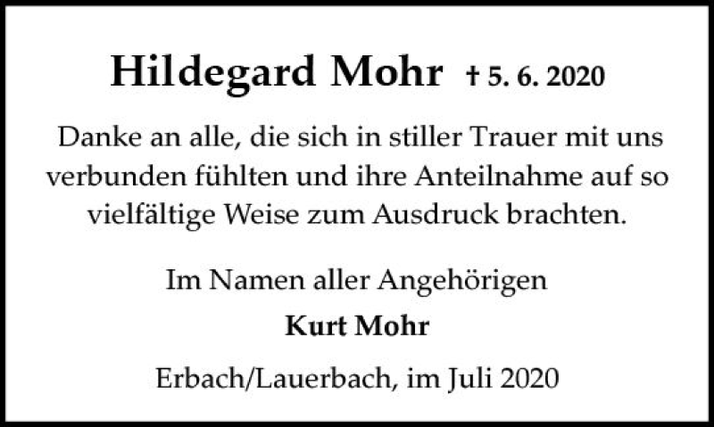  Traueranzeige für Hildegard Mohr vom 11.07.2020 aus vrm-trauer