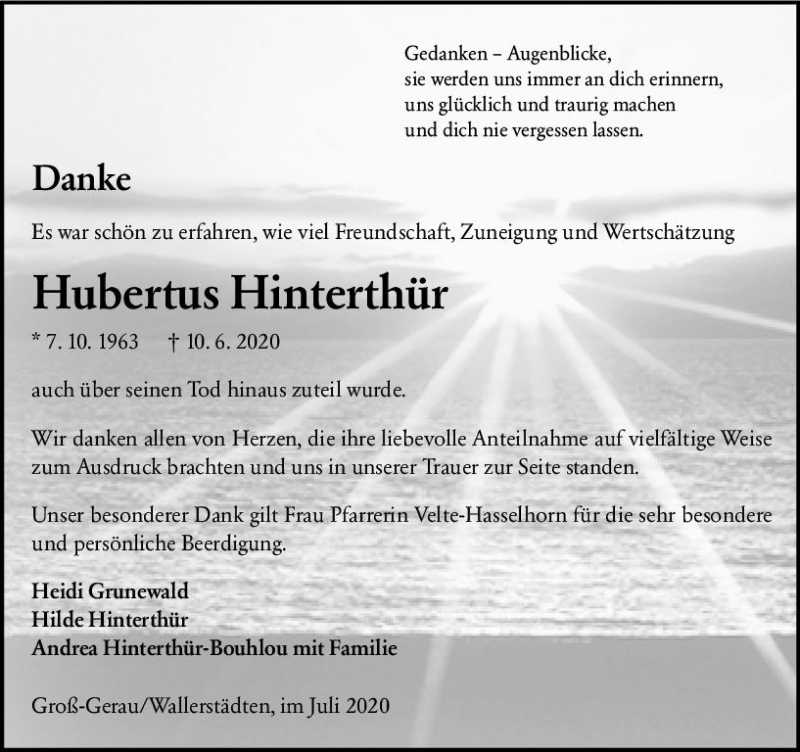 Traueranzeige für Hubertus Hinterthür vom 25.07.2020 aus vrm-trauer