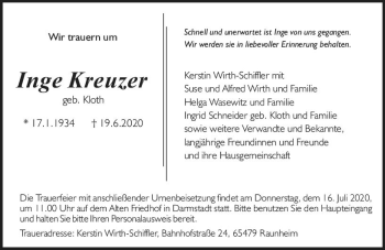 Traueranzeige von Inge Kreuzer von vrm-trauer