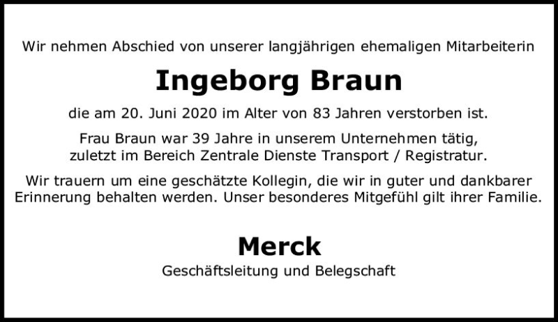  Traueranzeige für Ingeborg Braun vom 01.07.2020 aus vrm-trauer