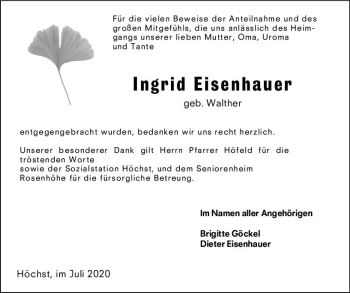 Traueranzeige von Ingrid Eisenhauer von vrm-trauer