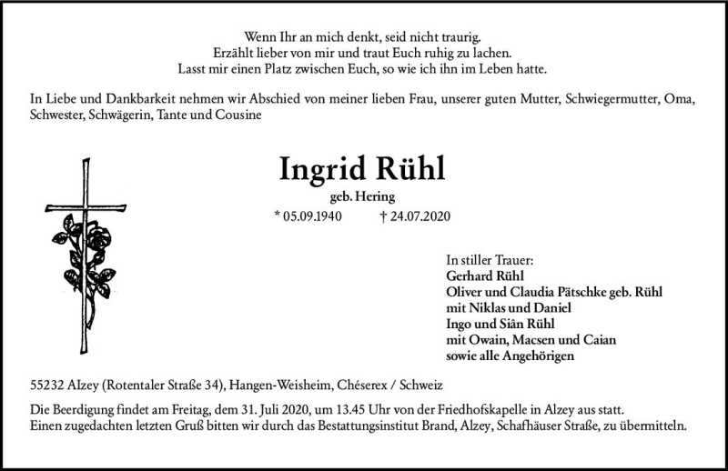  Traueranzeige für Ingrid Rühl vom 28.07.2020 aus vrm-trauer