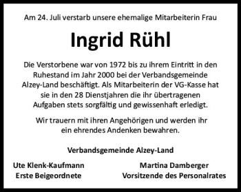 Traueranzeige von Ingrid Rühl von vrm-trauer