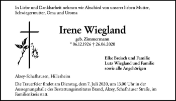 Traueranzeige von Irene Wiegland von vrm-trauer