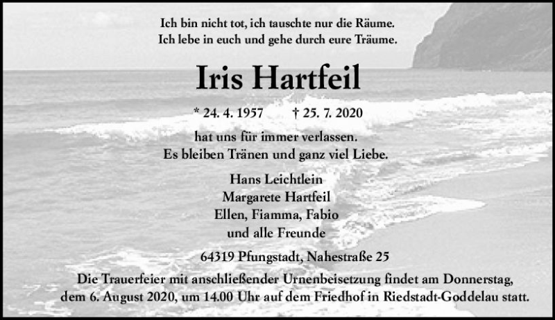  Traueranzeige für Iris Hartfeil vom 01.08.2020 aus vrm-trauer
