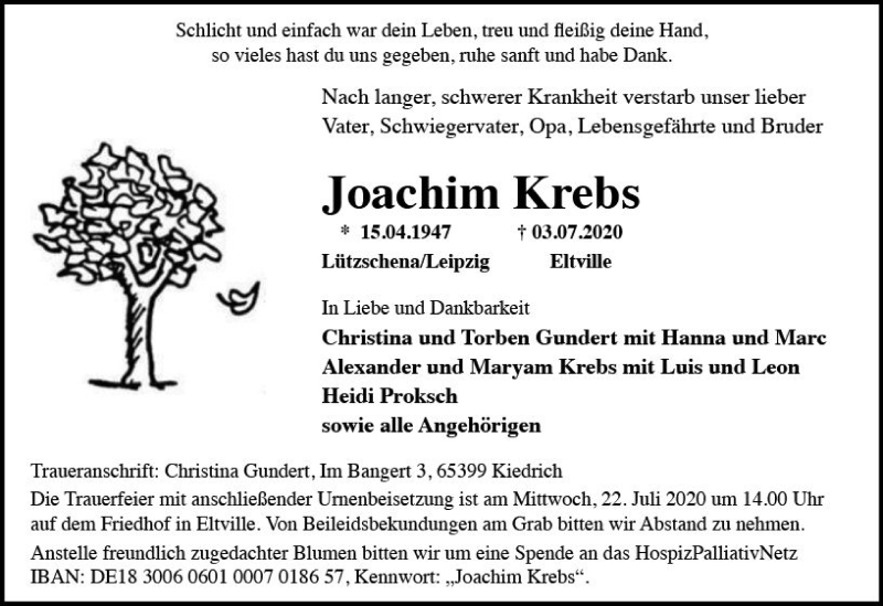  Traueranzeige für Joachim Krebs vom 11.07.2020 aus vrm-trauer
