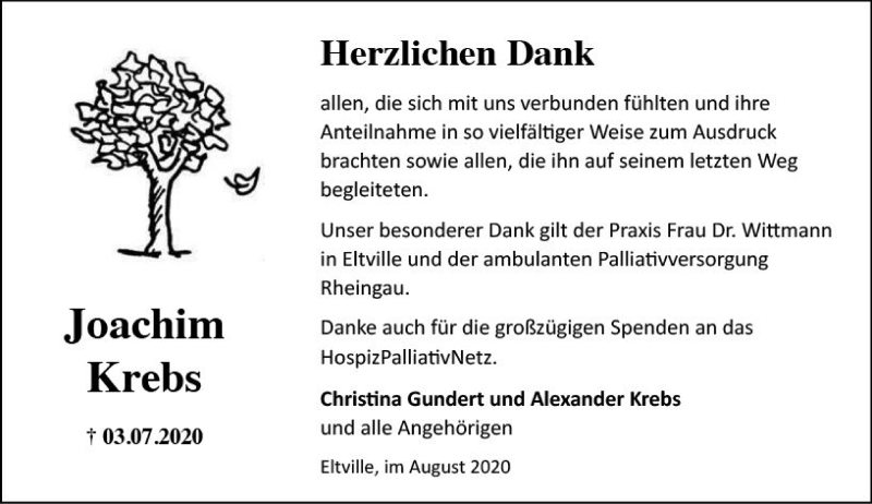  Traueranzeige für Joachim Krebs vom 01.08.2020 aus vrm-trauer