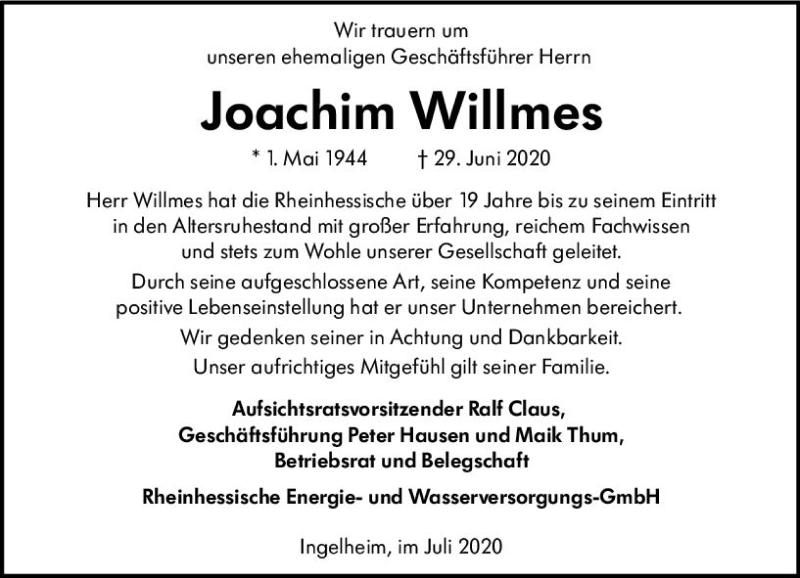 Traueranzeige für Joachim Willmes vom 08.07.2020 aus vrm-trauer