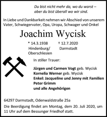 Traueranzeige von Joachim Wycisk von vrm-trauer