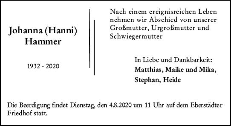  Traueranzeige für Johanna Hammer vom 01.08.2020 aus vrm-trauer