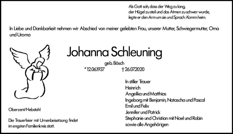  Traueranzeige für Johanna Schleuning vom 01.08.2020 aus vrm-trauer
