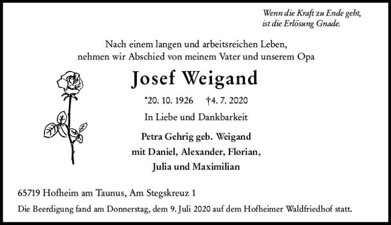  Traueranzeige für Josef Weigand vom 10.07.2020 aus vrm-trauer