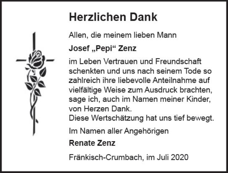  Traueranzeige für Josef Zenz vom 11.07.2020 aus vrm-trauer