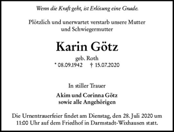 Traueranzeige von Karin Götz von vrm-trauer