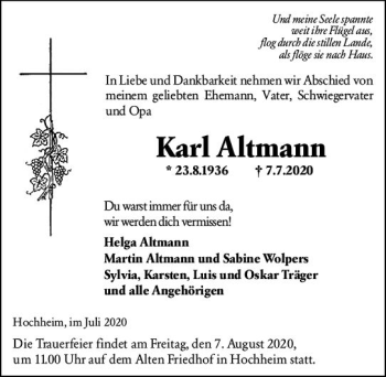 Traueranzeige von Karl Altmann von vrm-trauer