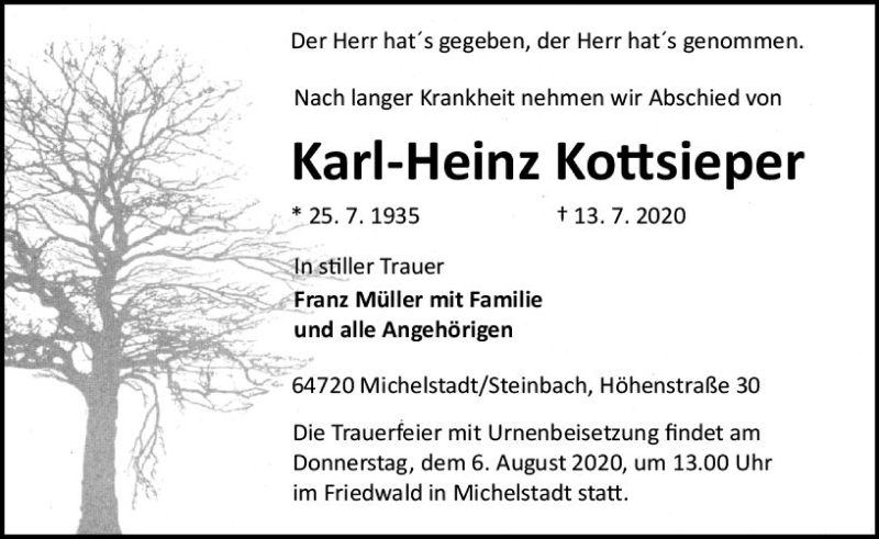  Traueranzeige für Karl-Heinz Kottsieper vom 01.08.2020 aus vrm-trauer