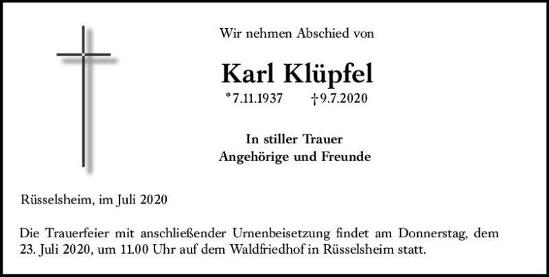  Traueranzeige für Karl Klüpfel vom 18.07.2020 aus vrm-trauer