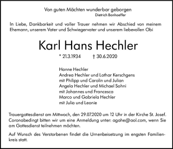 Traueranzeige von Karl Hans Hechler von vrm-trauer